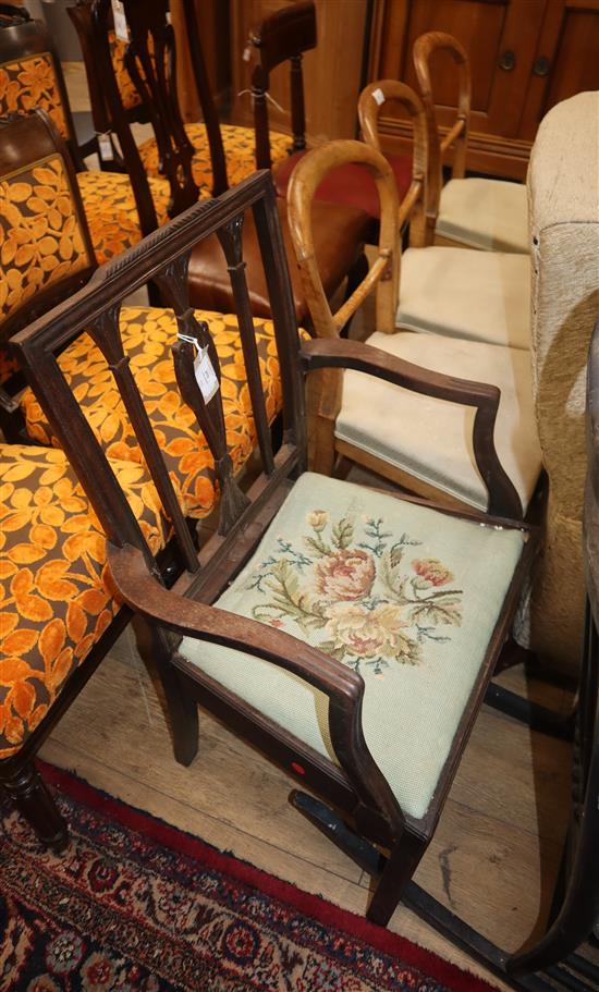 Three Victorian dining chairs, George III elbow chair and one other (5)